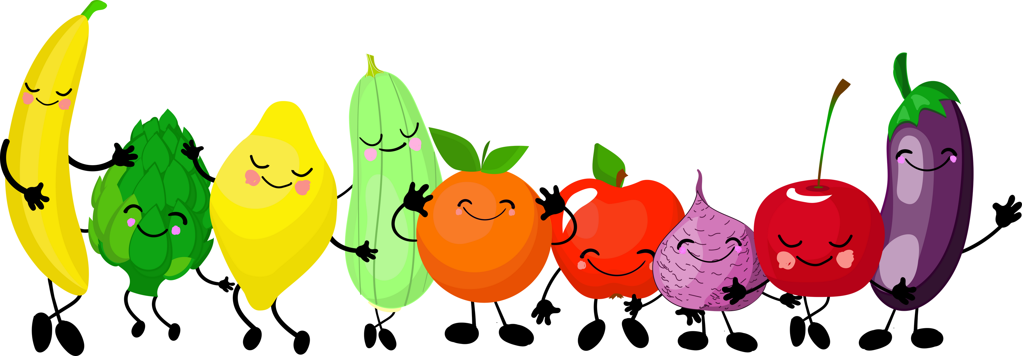 Cute funny vegetables and fruits. Fruit characters for children. healthy vegetables